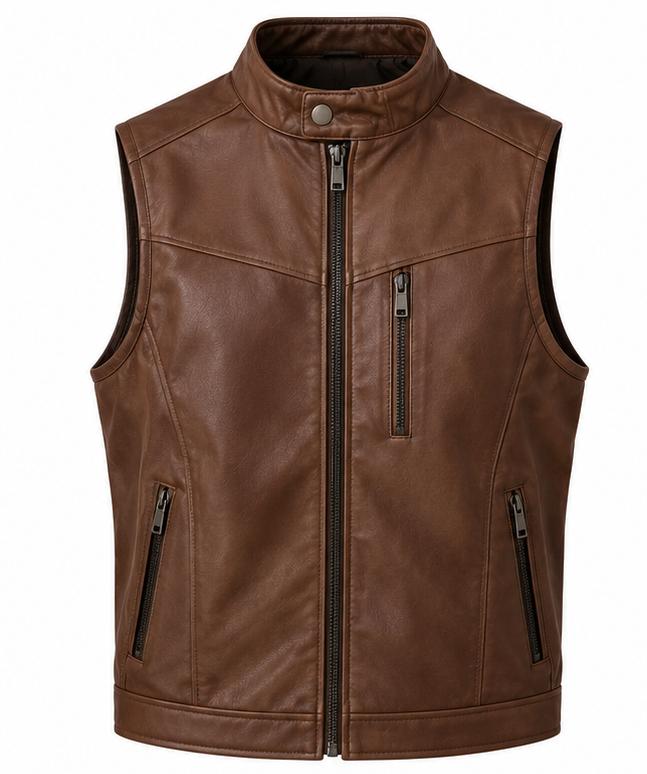 Custom Men’s PU Leather Vest | Motorcycle Biker Waistcoat | Sleeveless Leather Jacket with Zipper Pockets