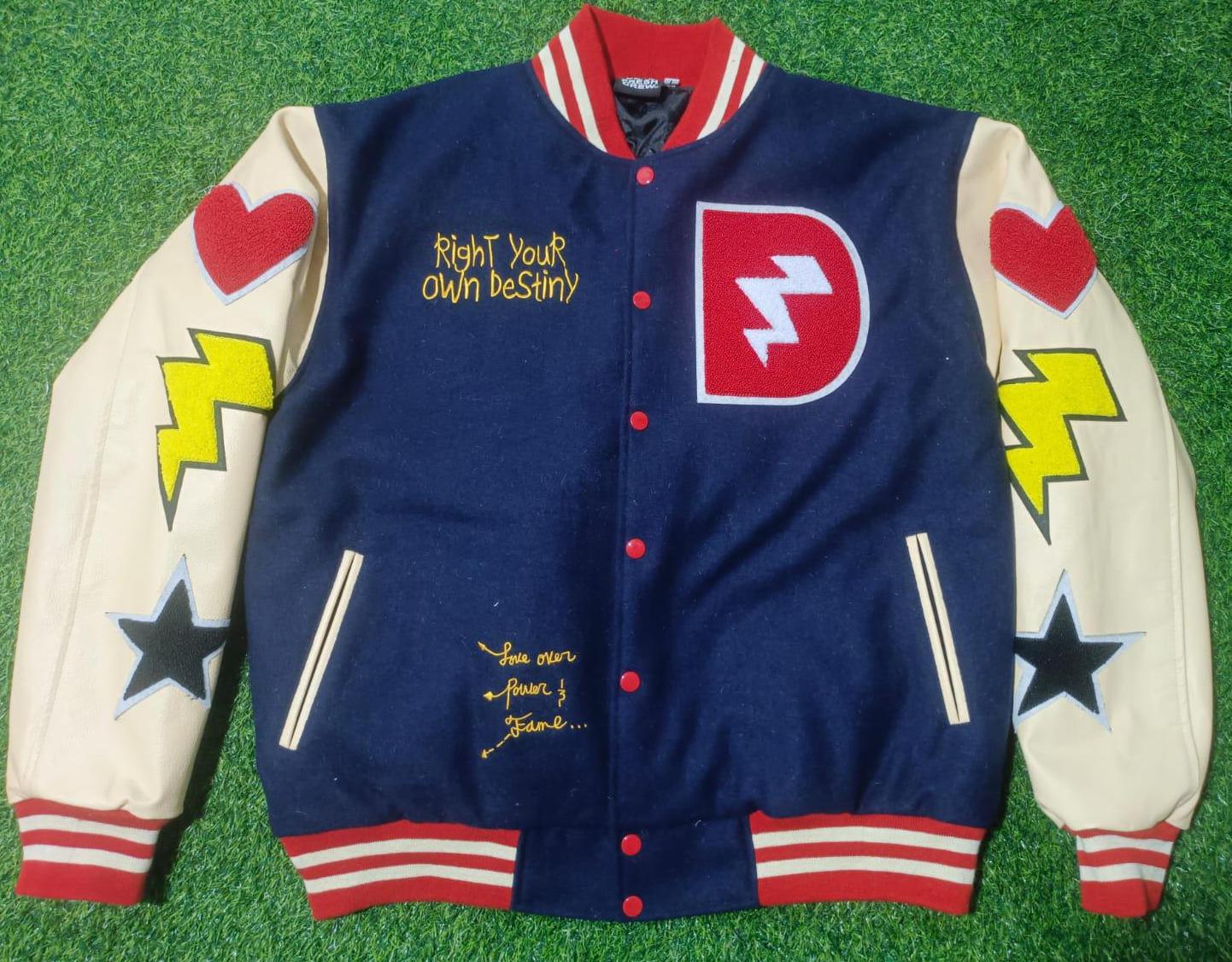 Blue & White Letterman’s Jackets – Premium wool front and back, leather sleeves, warm quilted inner lining.
